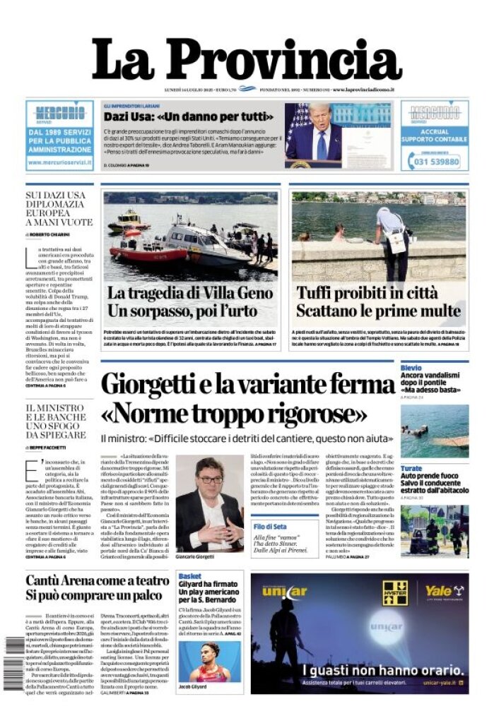 Prima Pagina La Provincia di Como 14/07/2025