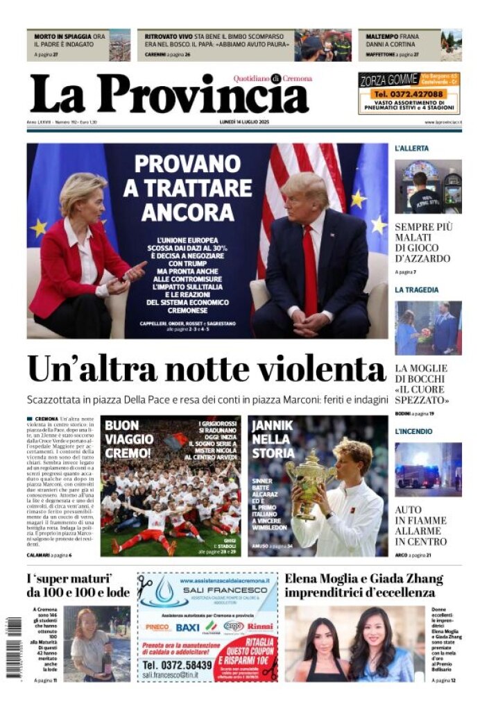 Prima Pagina La Provincia di Cremona 14/07/2025