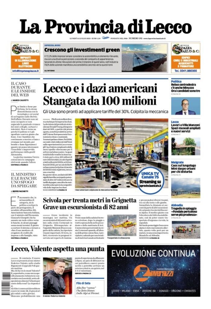Prima Pagina La Provincia di Lecco 14/07/2025
