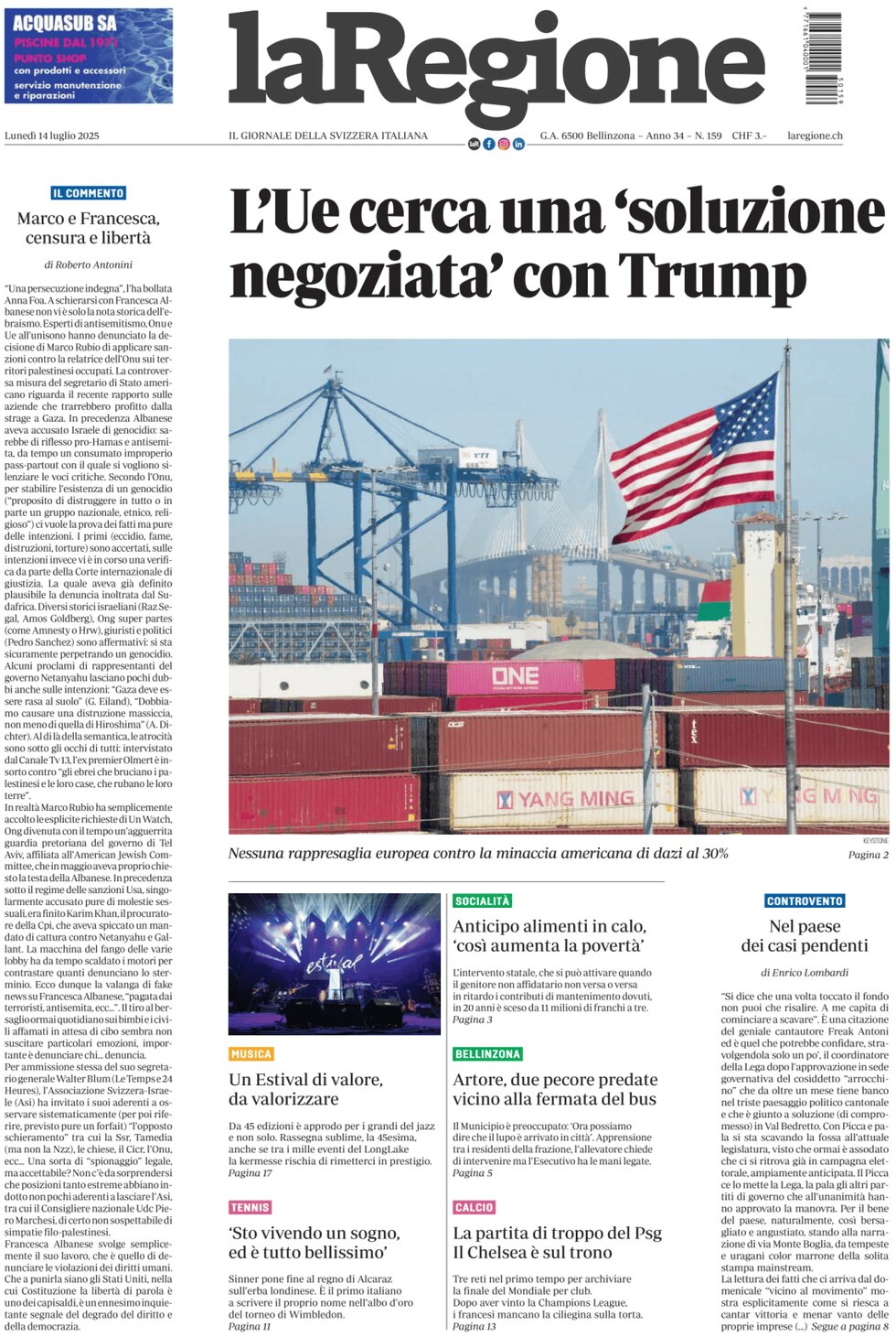 Prima Pagina La Regione 14/07/2025
