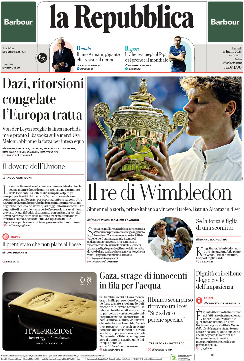 Prima Pagina La Repubblica 14/07/2025