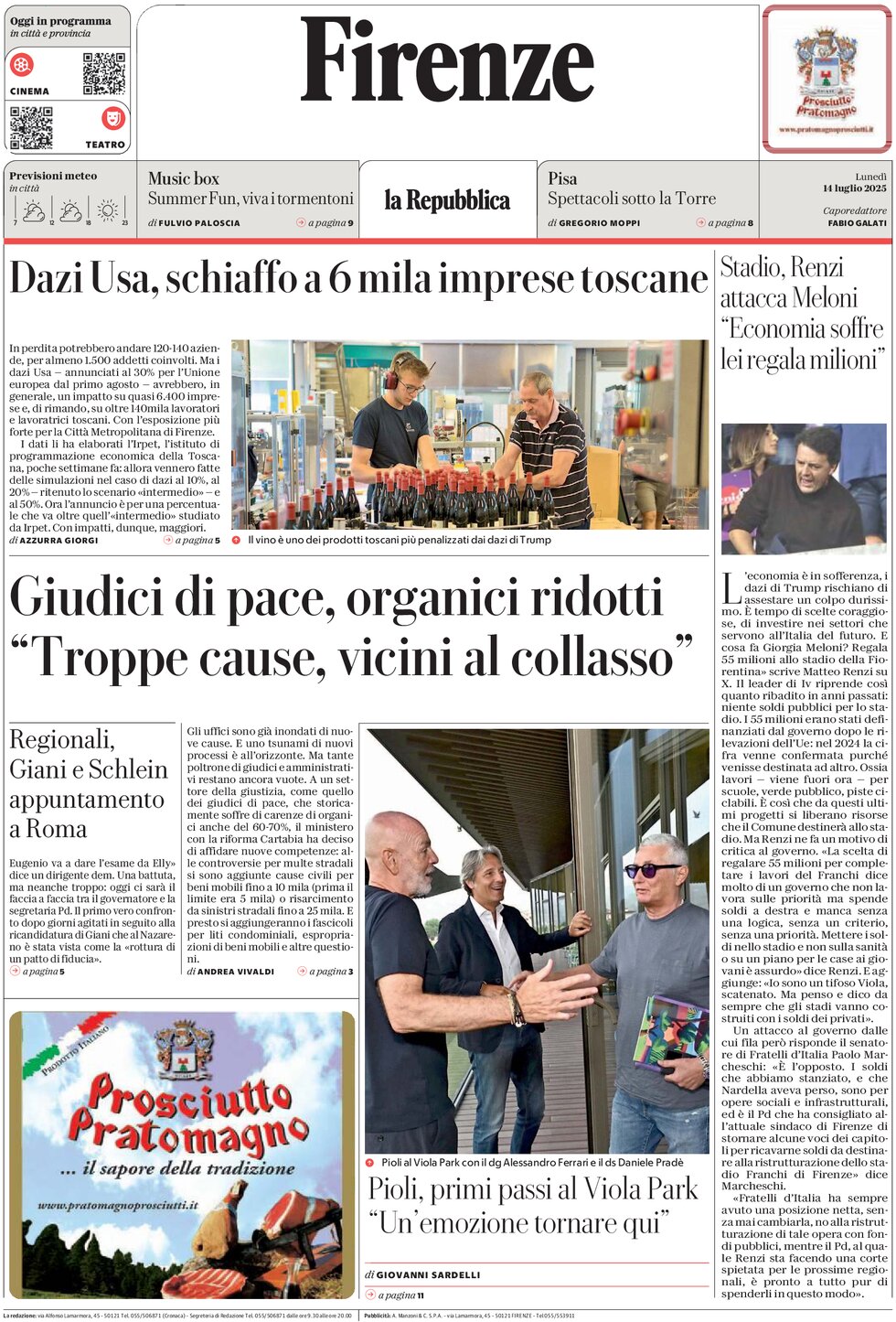 Prima Pagina La Repubblica (Firenze) 14/07/2025