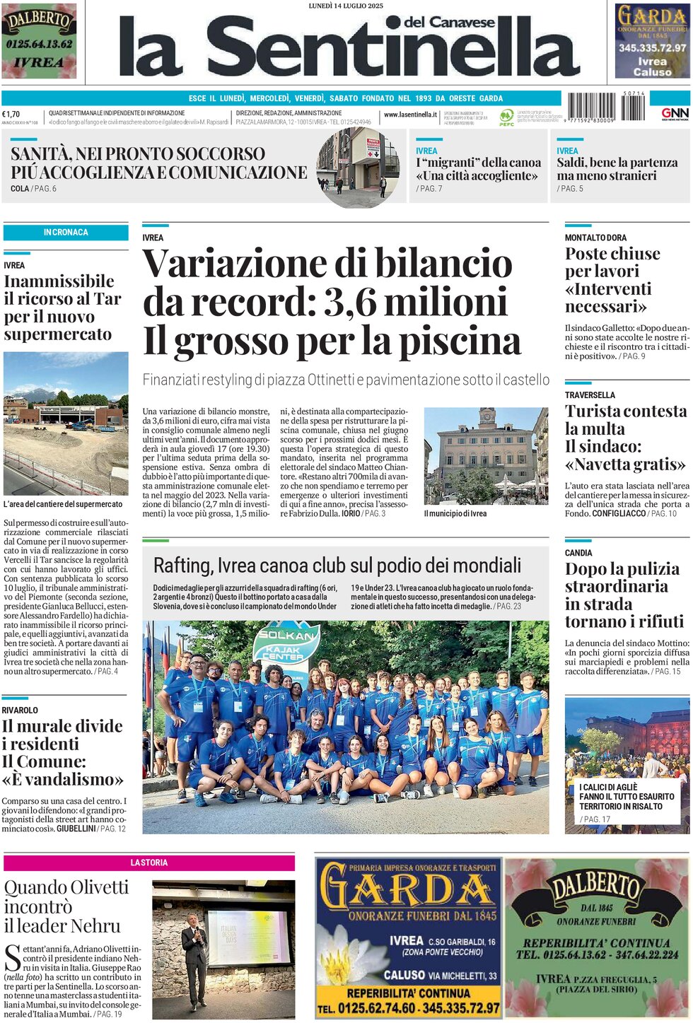 Prima Pagina La Sentinella del Canavese 14/07/2025