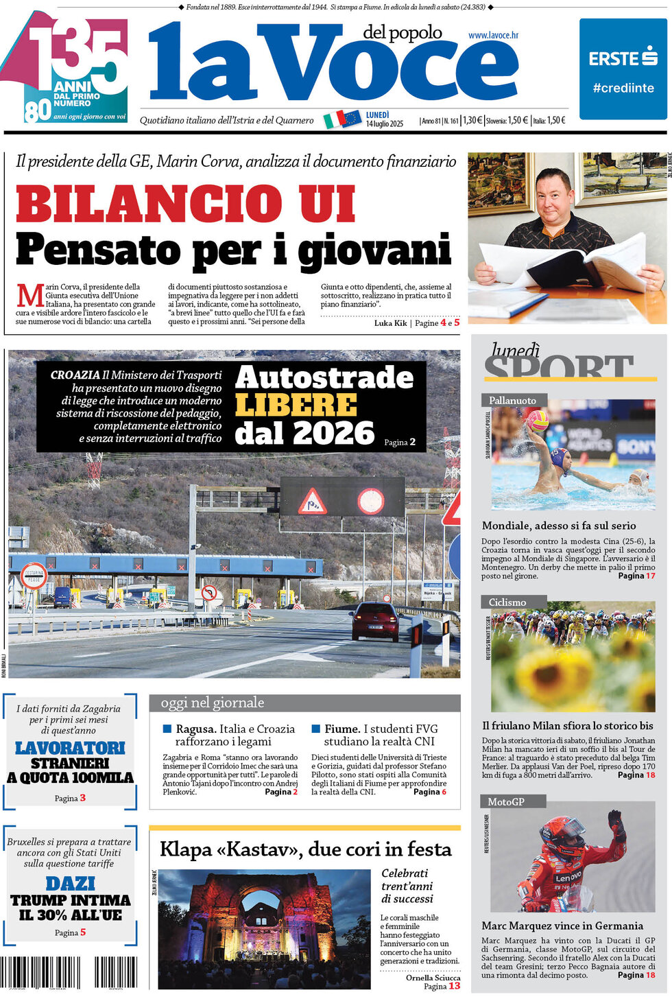 Prima Pagina La Voce del popolo 14/07/2025