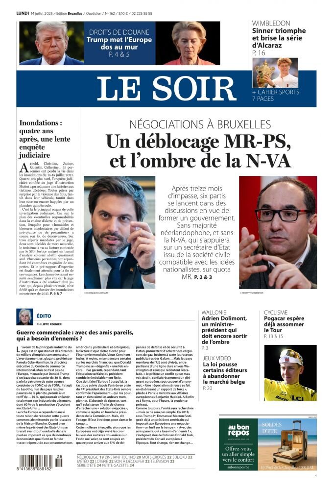 Prima Pagina Le Soir 14/07/2025