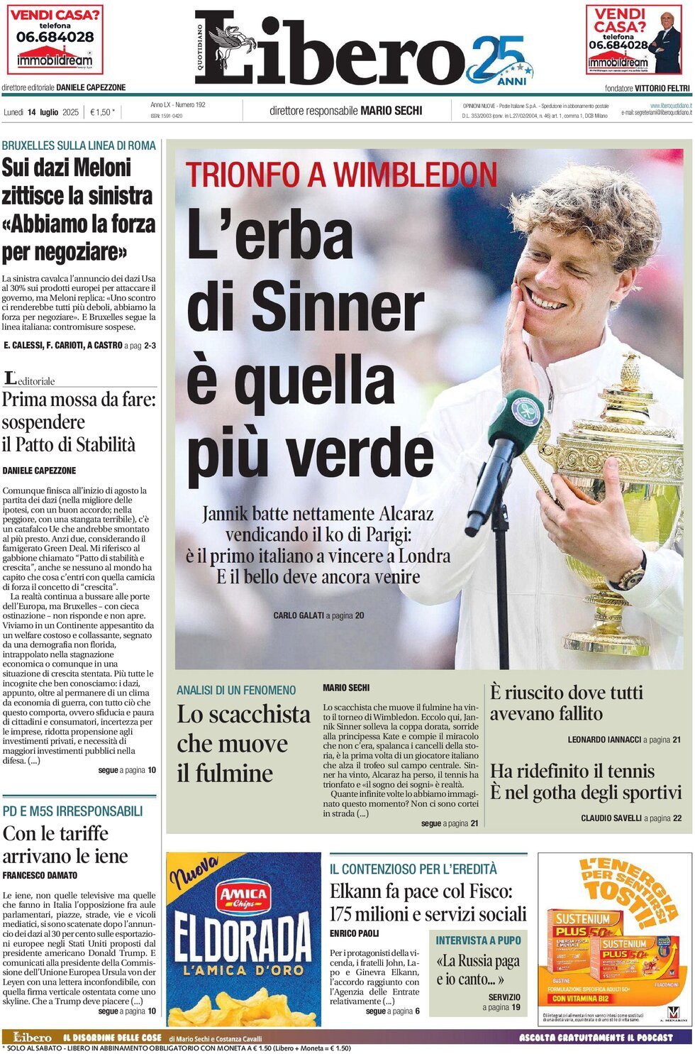Prima Pagina Libero Quotidiano 14/07/2025