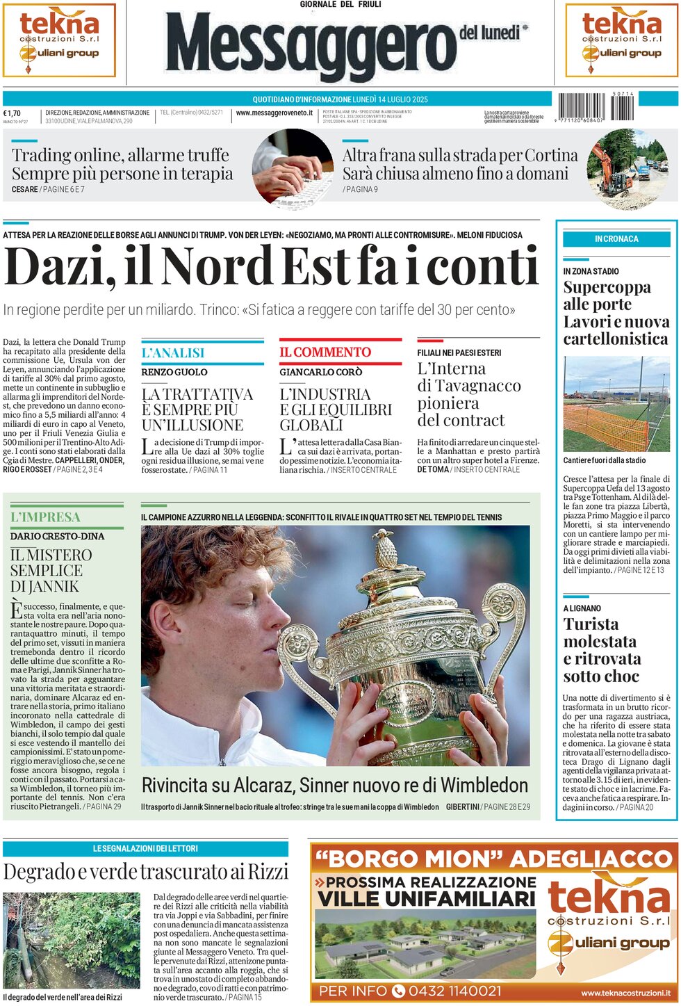 Prima Pagina Messaggero Veneto (Gorizia) 14/07/2025