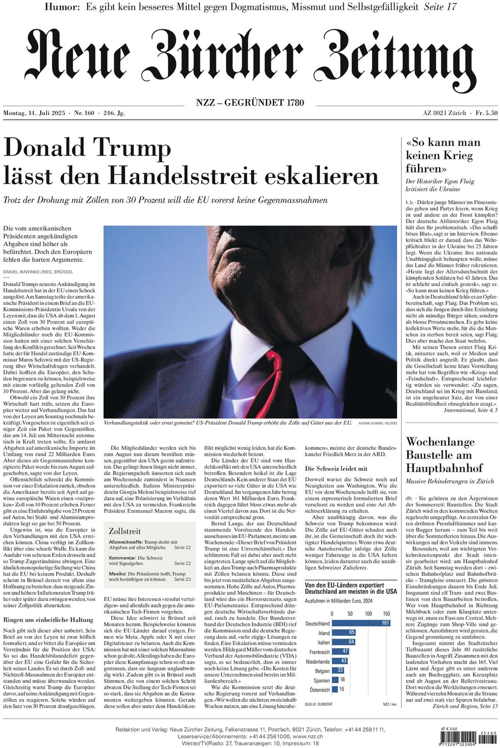 Prima Pagina NZZ (Neue Zürcher Zeitung) 14/07/2025