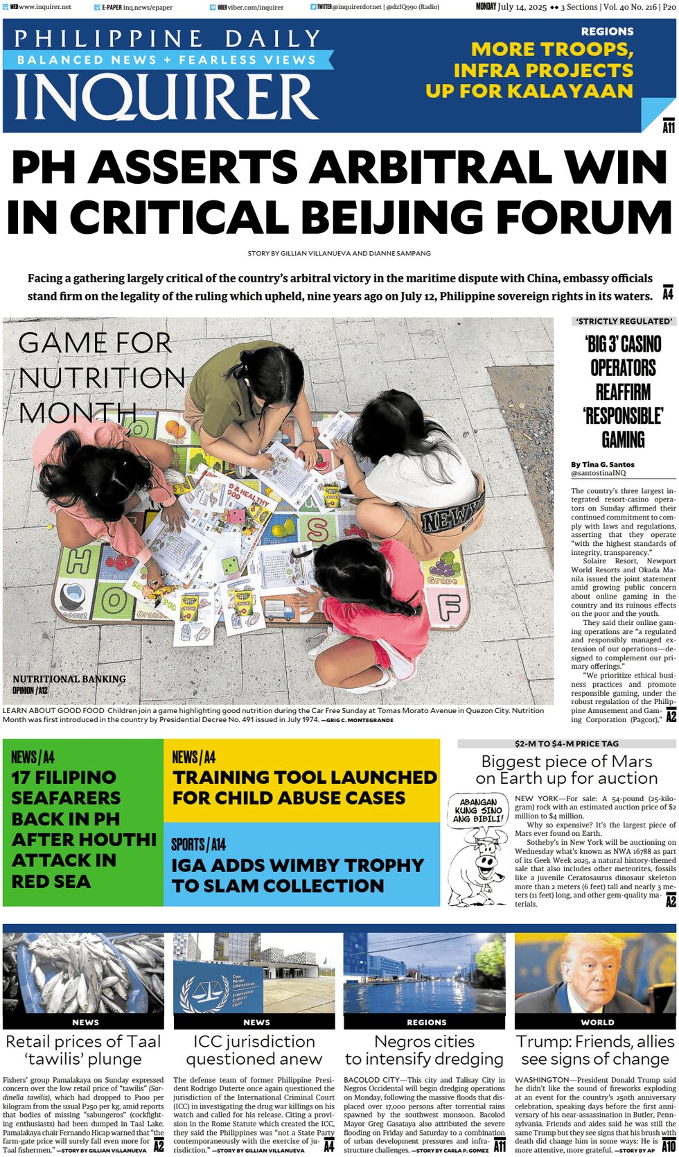 Prima Pagina Philippine Daily Inquirer 14/07/2025