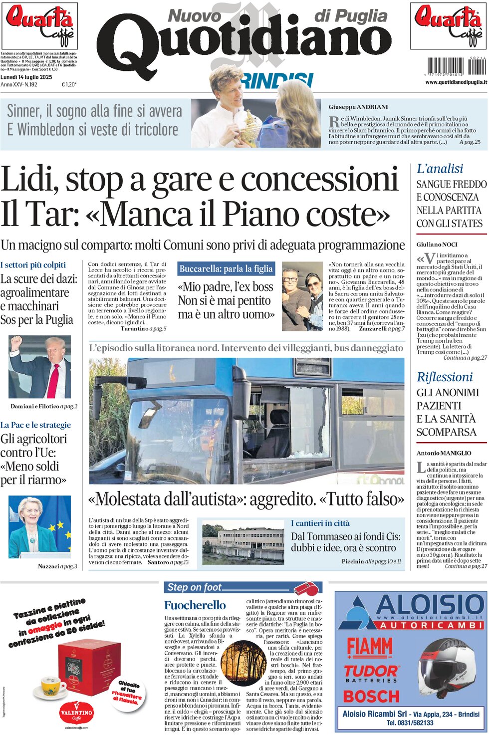Prima Pagina Nuovo Quotidiano di Puglia (Brindisi) 14/07/2025