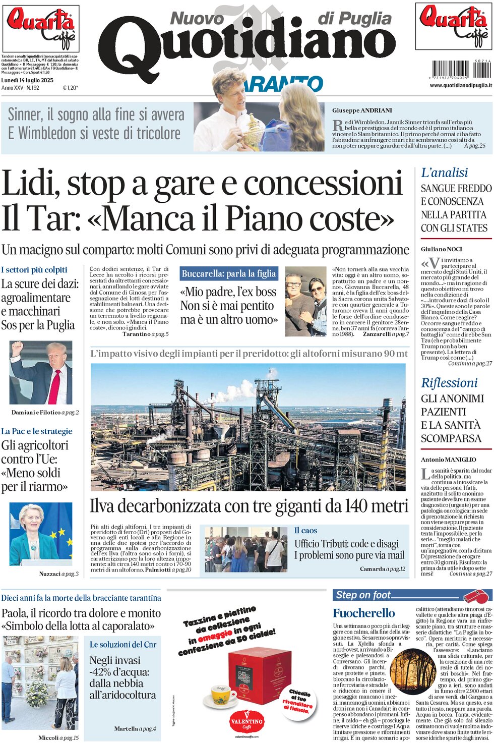 Prima Pagina Nuovo Quotidiano di Puglia (Taranto) 14/07/2025