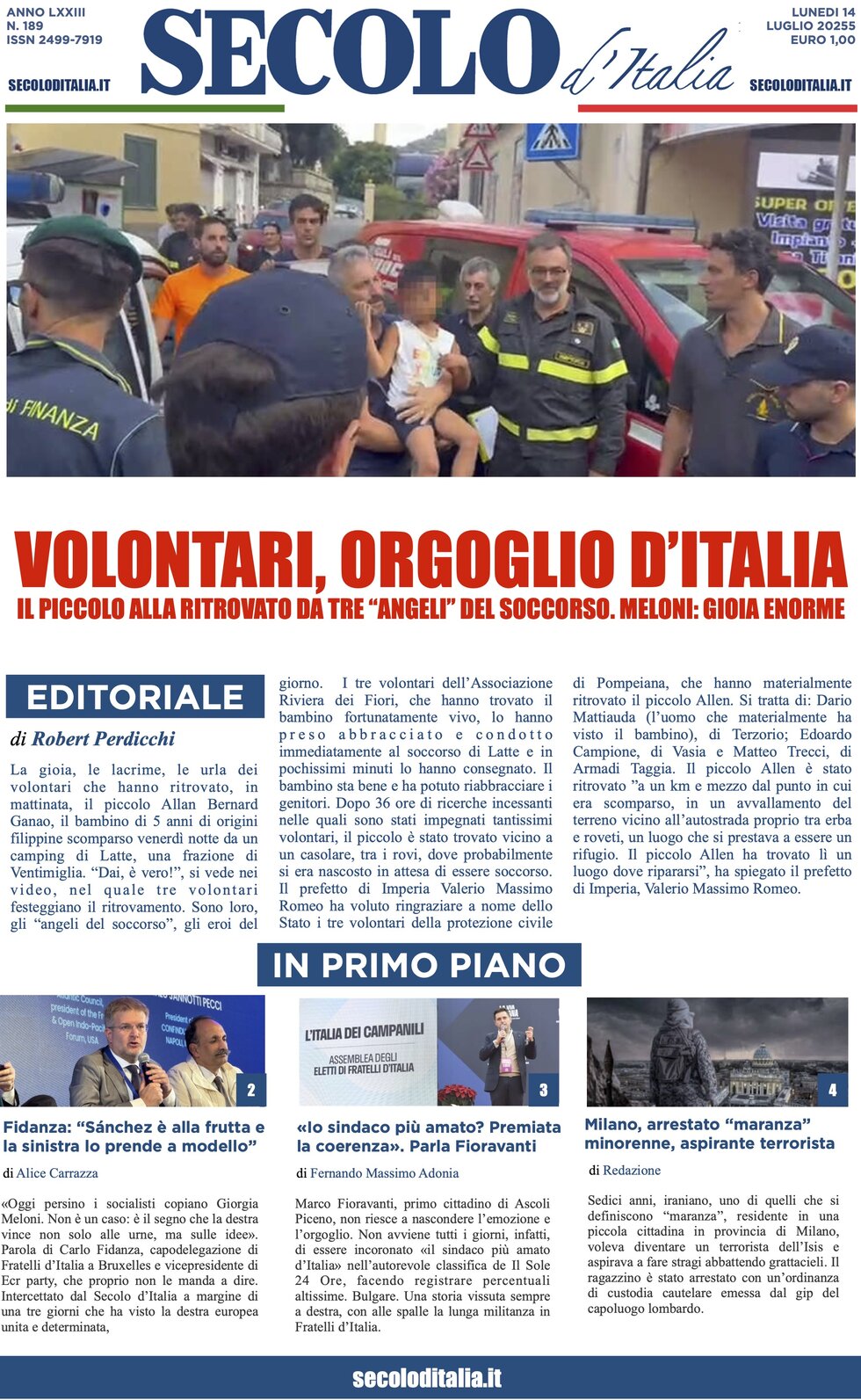 Prima Pagina Secolo d'Italia 14/07/2025