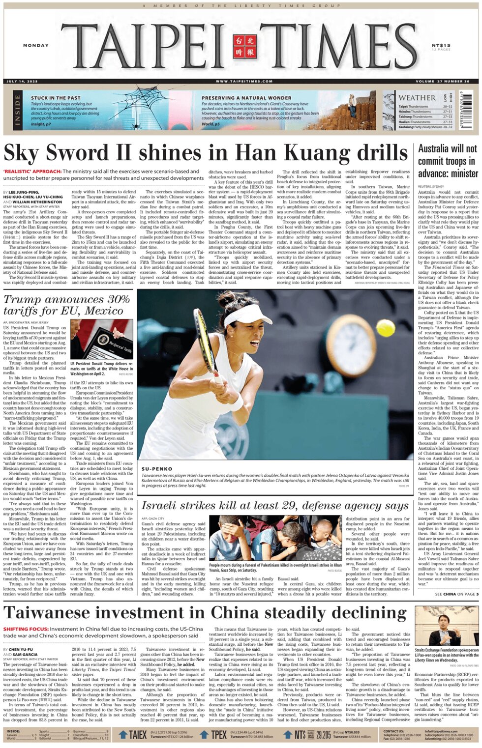 Prima Pagina Taipei Times 14/07/2025