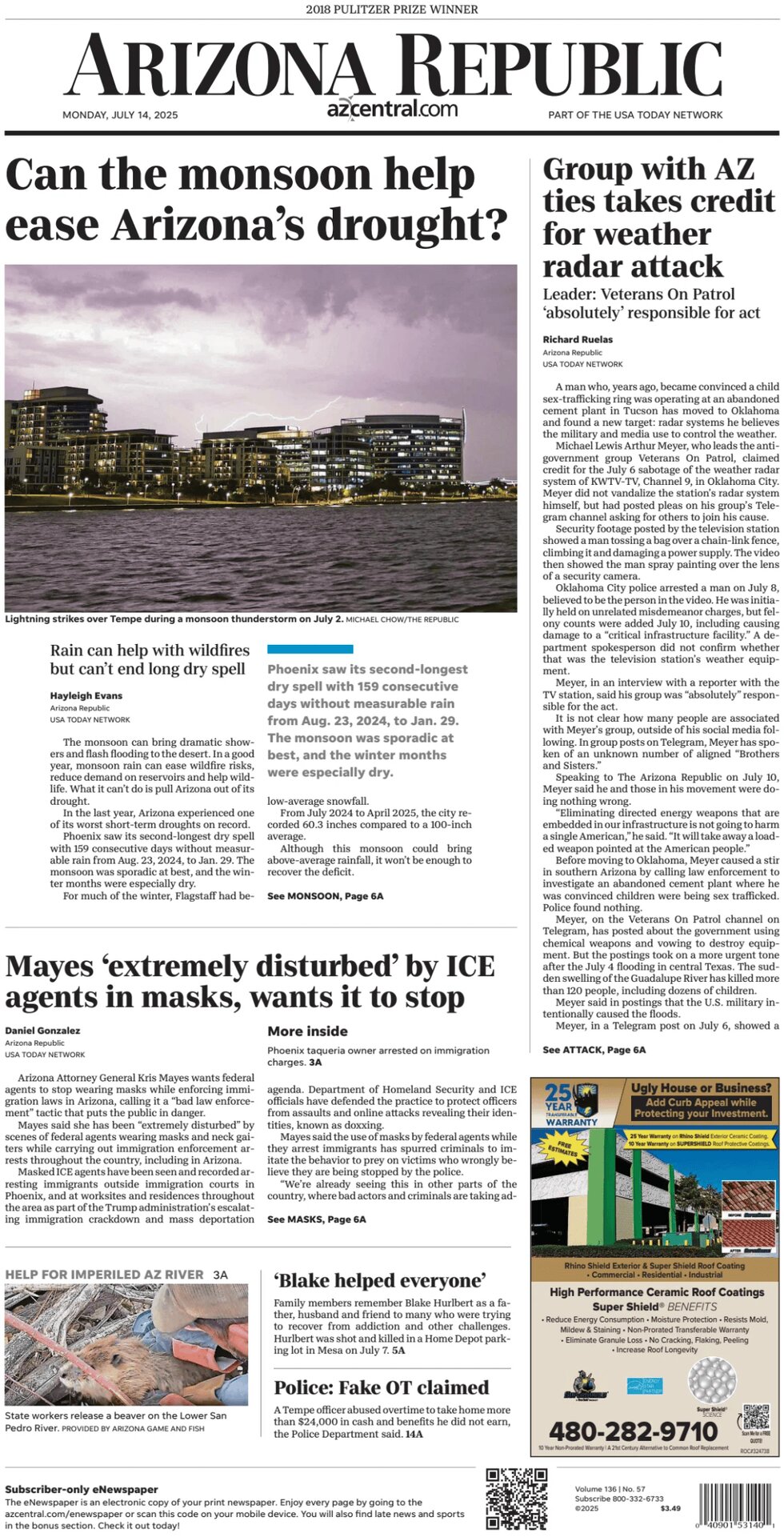 Prima Pagina The Arizona Republic 14/07/2025