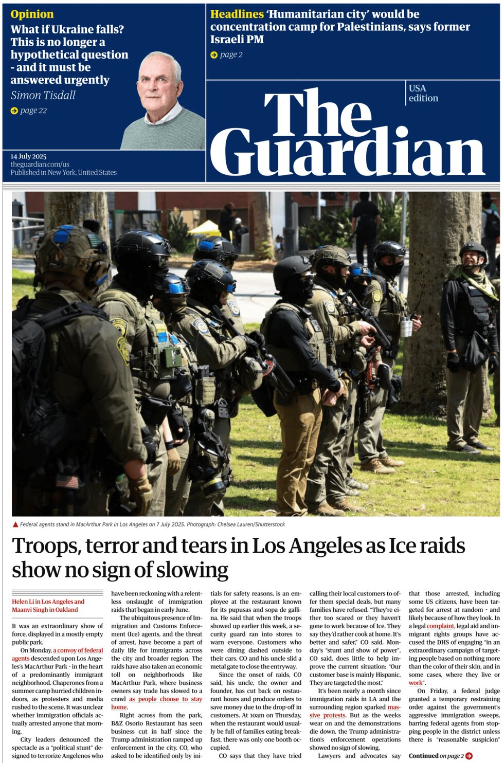 Prima Pagina The Guardian US 14/07/2025