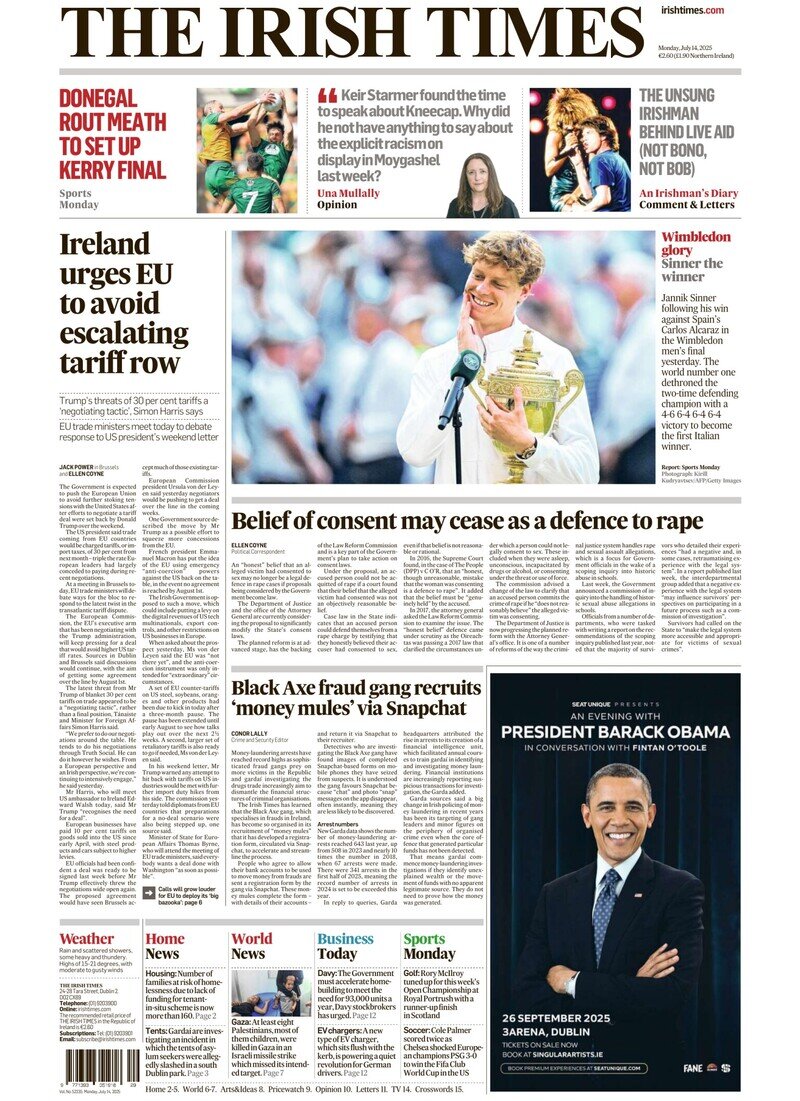 Prima Pagina The Irish Times 14/07/2025