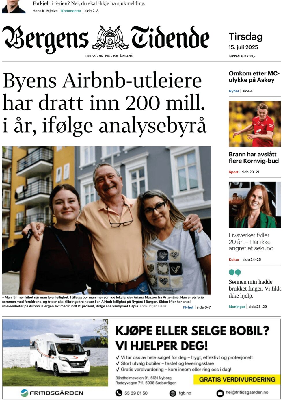 Prima Pagina Bergens Tidende 15/07/2025