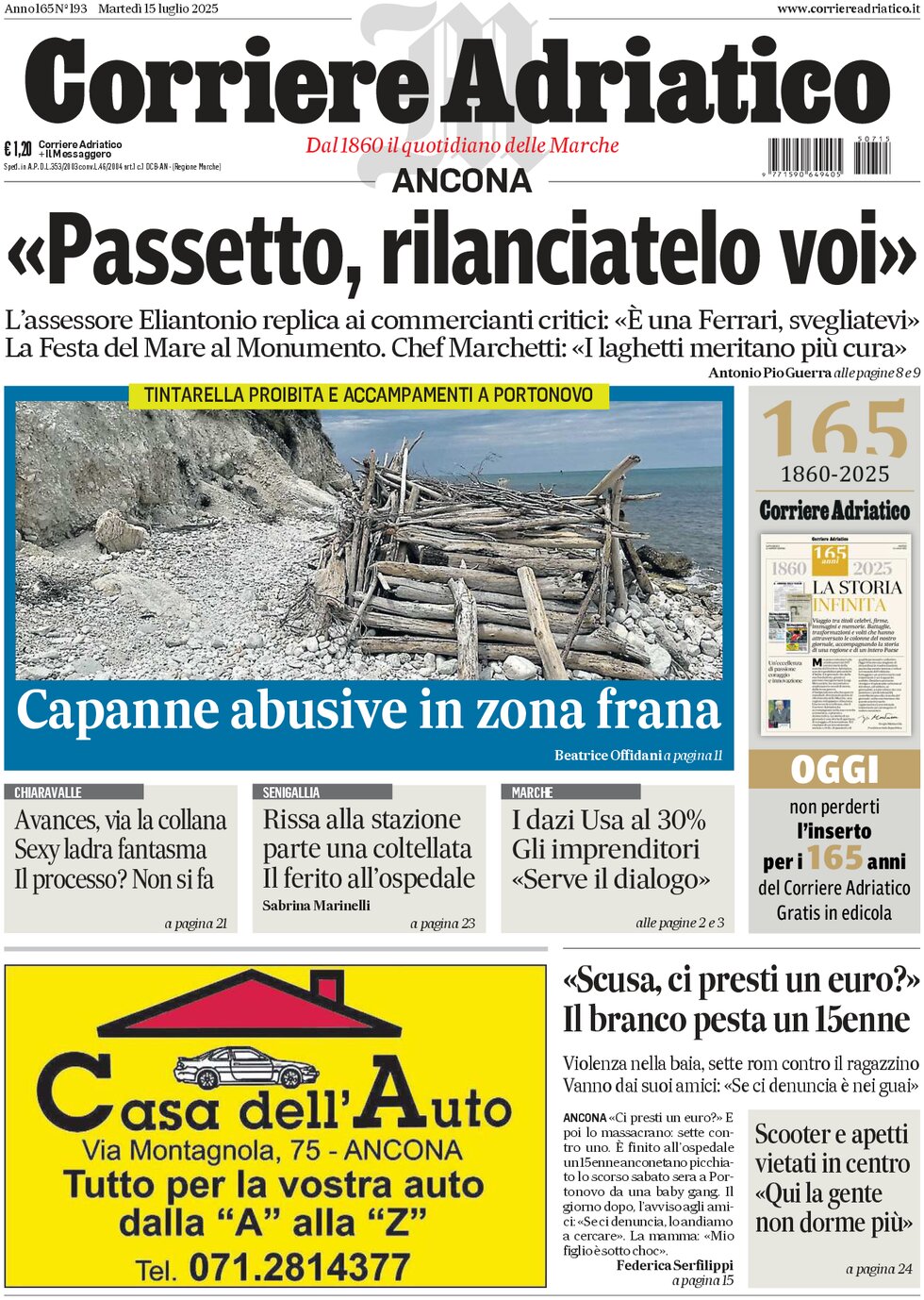Prima Pagina Corriere Adriatico (Ancona) 15/07/2025