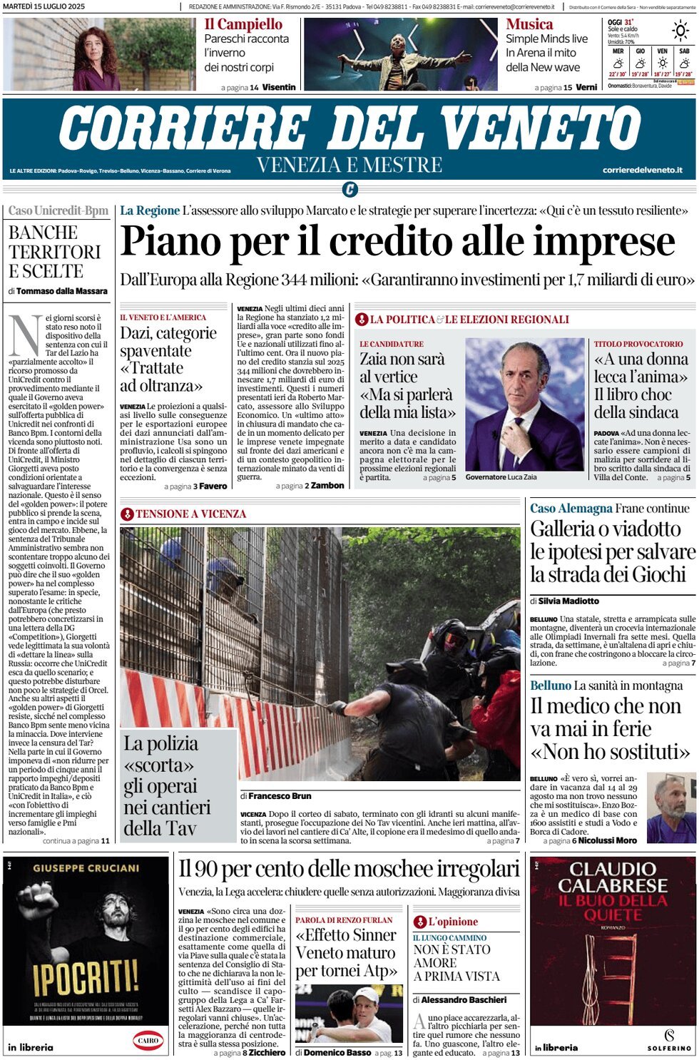 Prima Pagina Corriere del Veneto 15/07/2025