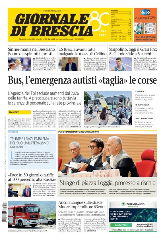Prima Pagina Giornale di Brescia 15/07/2025
