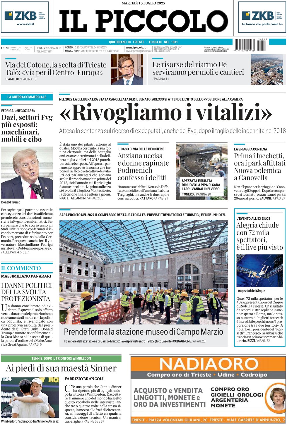 Prima Pagina Il Piccolo (Trieste) 15/07/2025