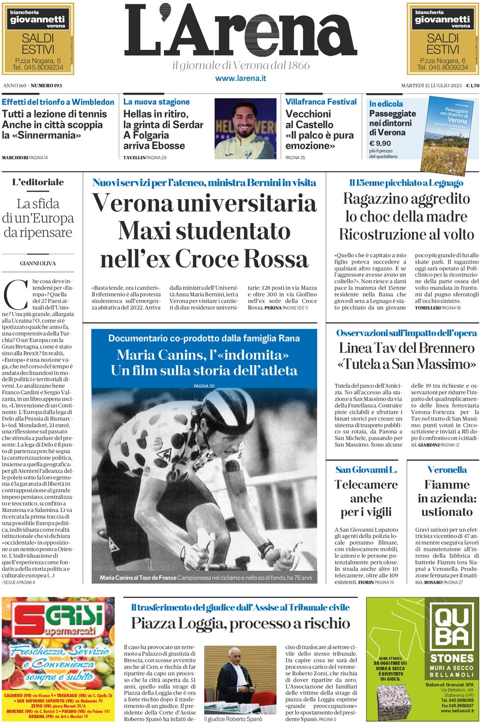 Prima Pagina L'Arena (Verona) 15/07/2025