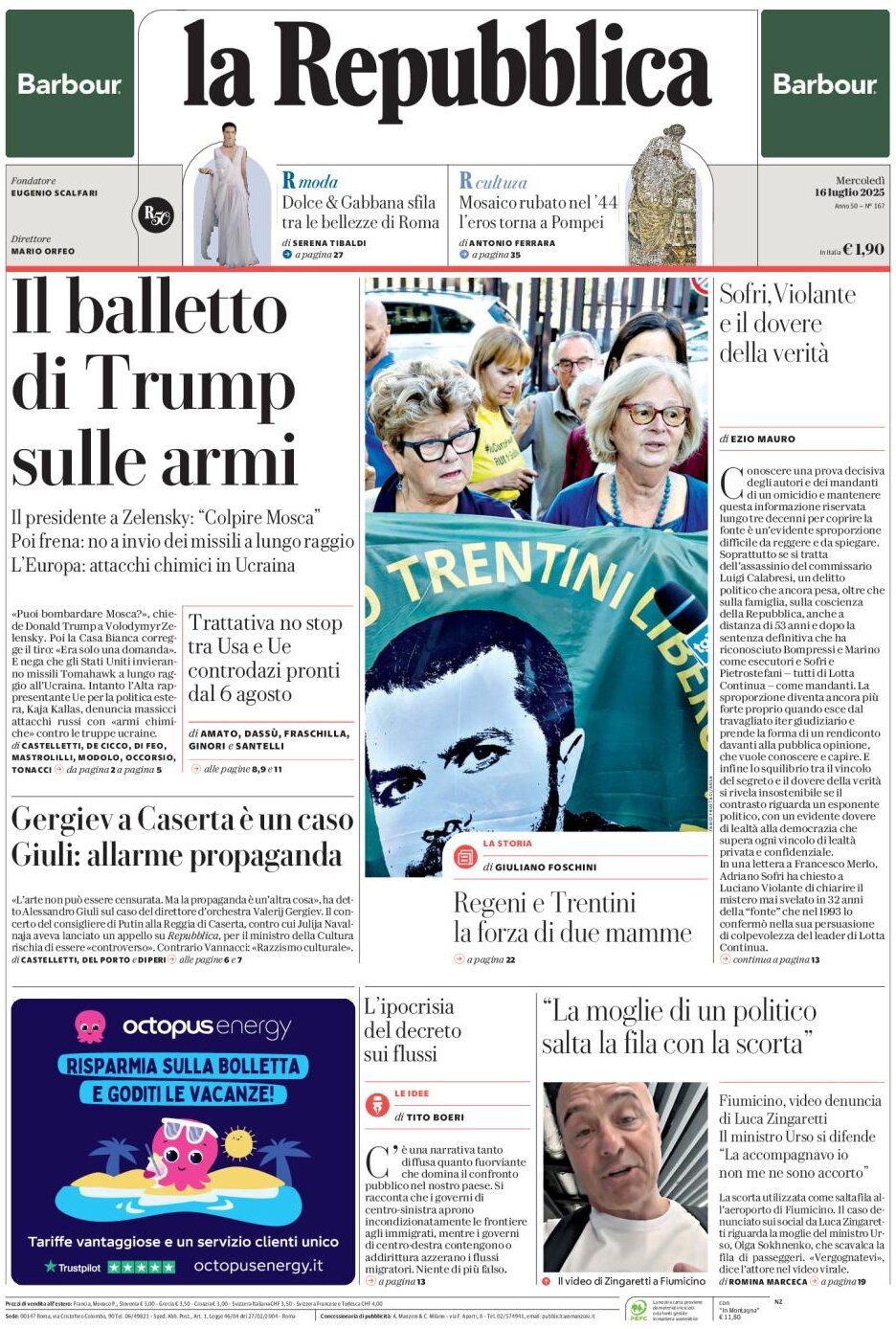 Prima Pagina La Repubblica 16/07/2025