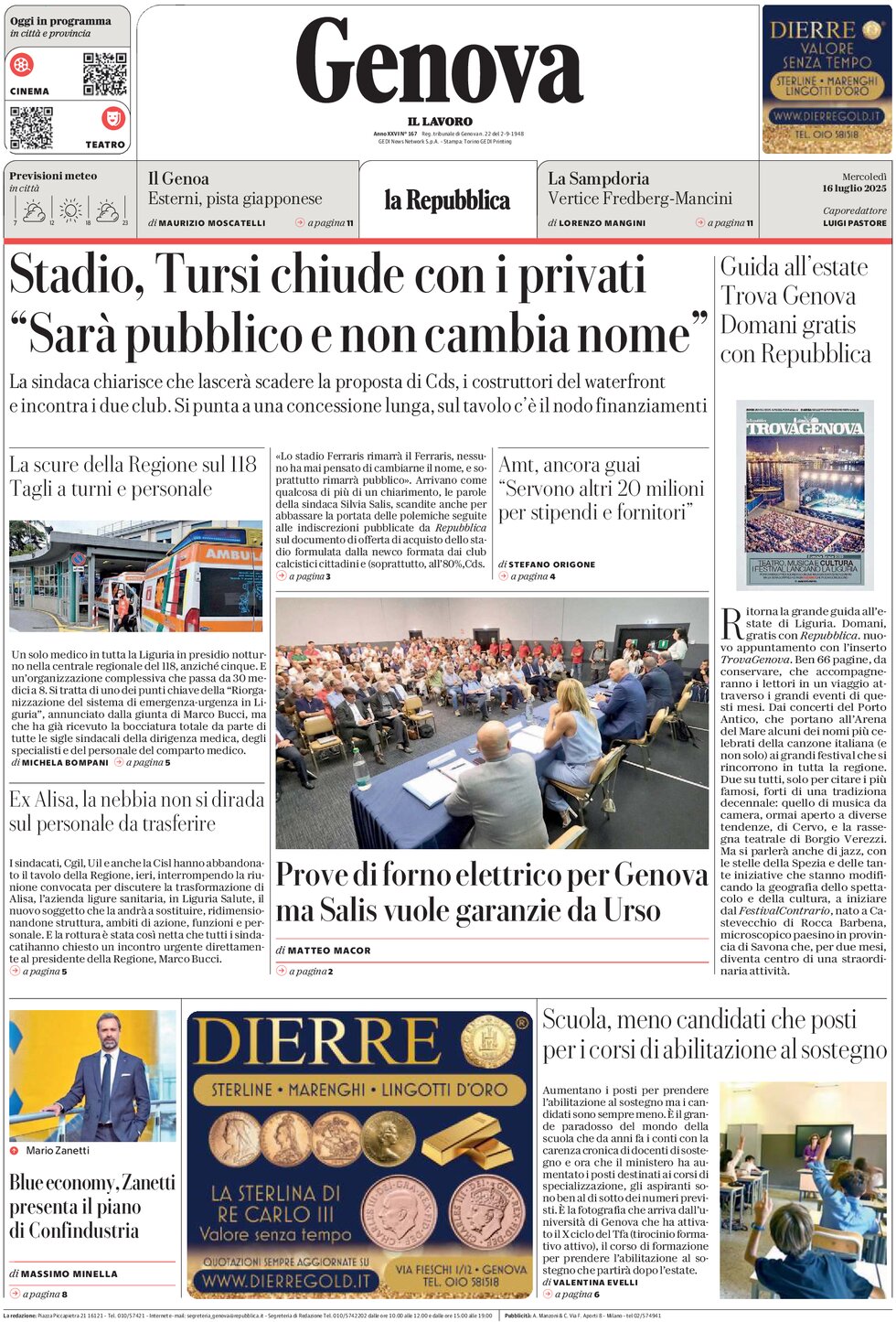 Prima Pagina La Repubblica (Genova) 16/07/2025