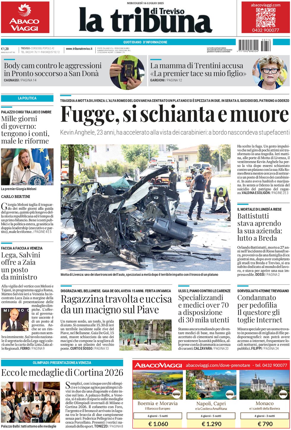 Prima Pagina La Tribuna di Treviso 16/07/2025