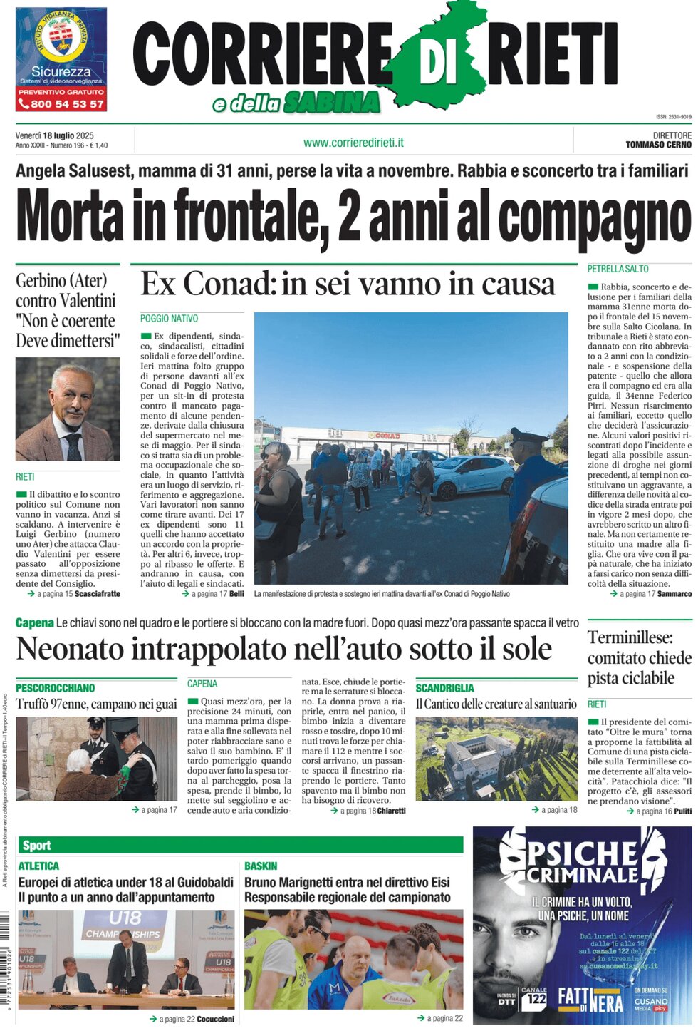 Prima Pagina Corriere di Rieti e della Sabina 18/07/2025