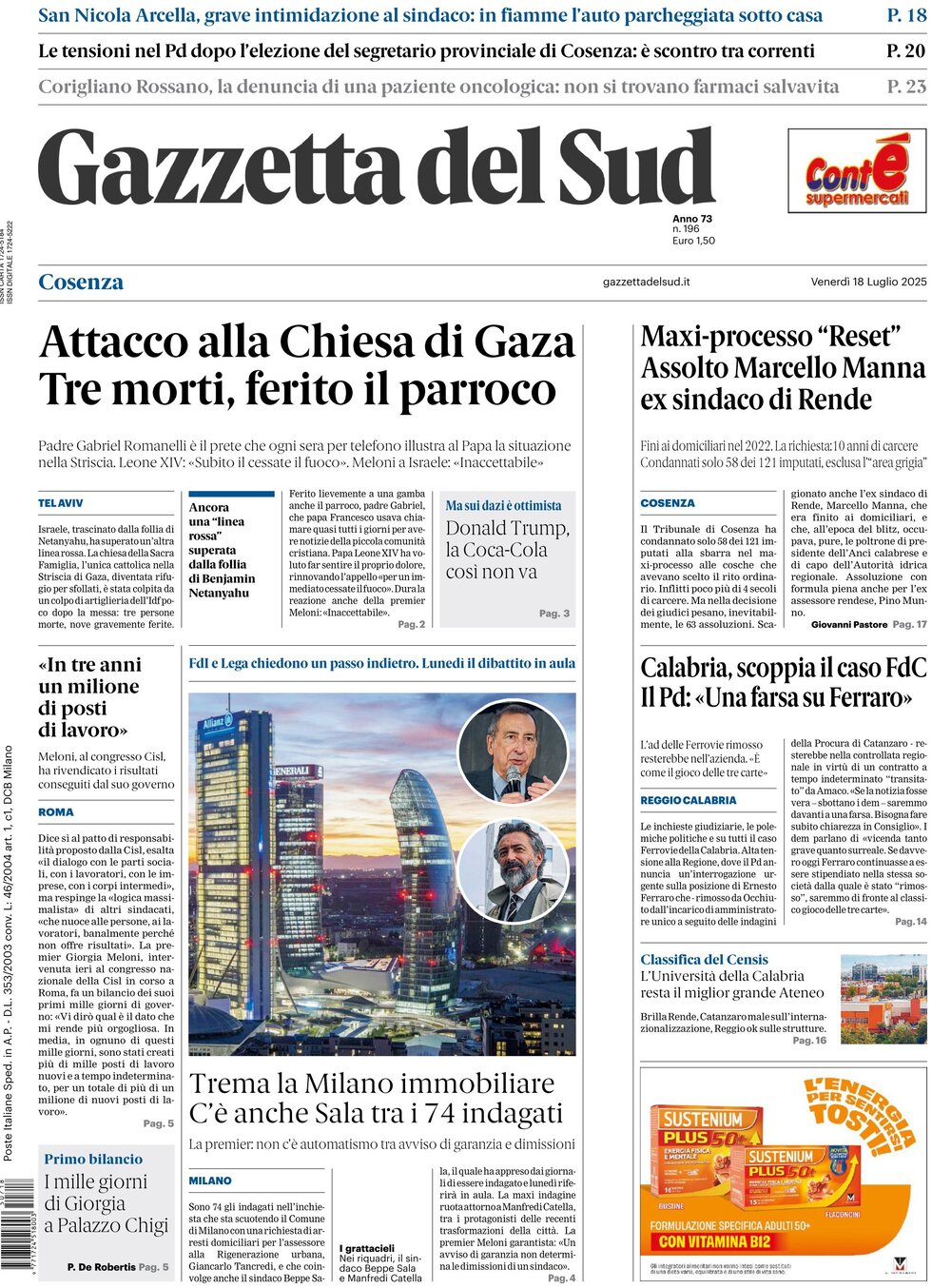 Prima Pagina Gazzetta del Sud (Cosenza) 18/07/2025