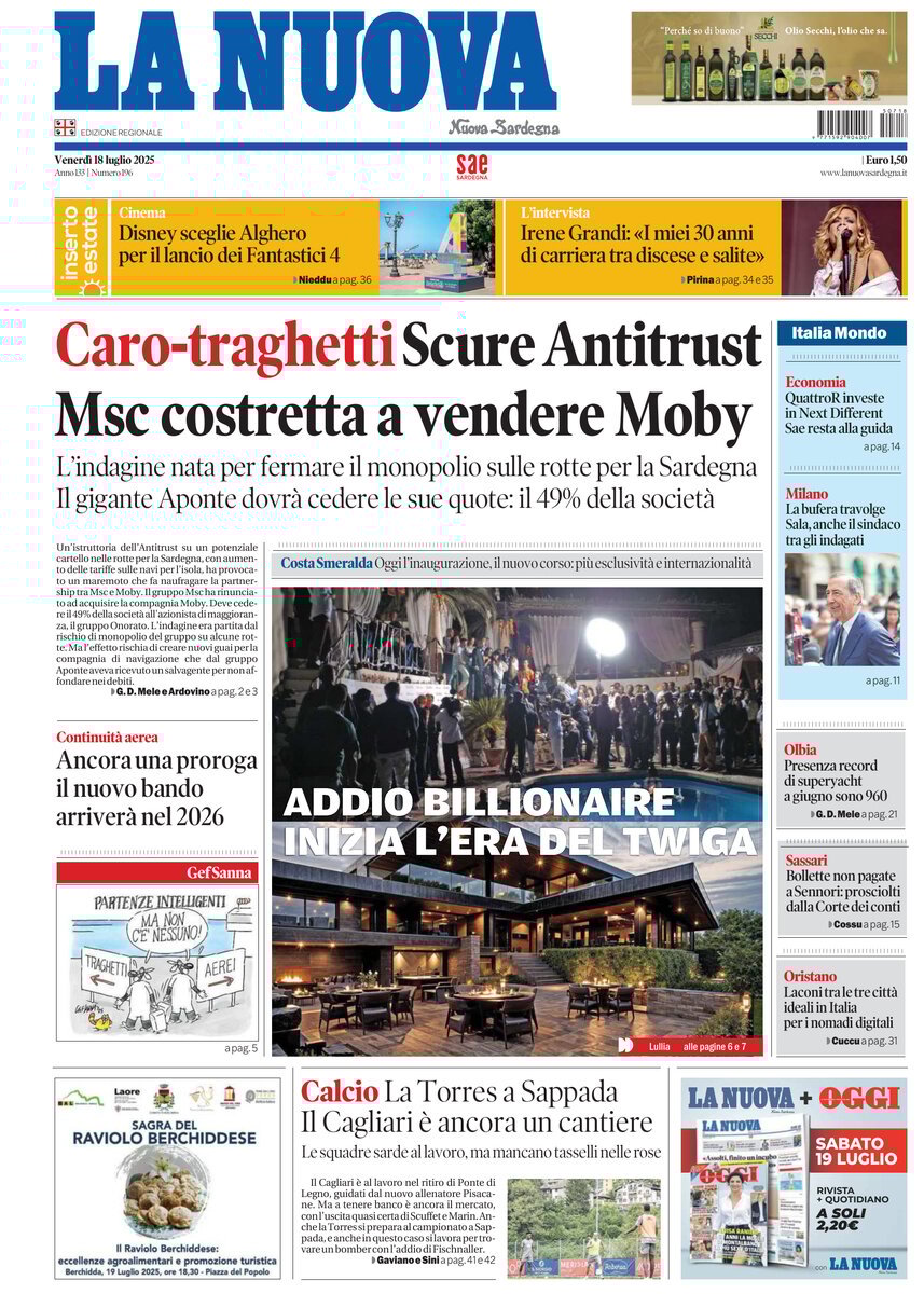 Prima Pagina La Nuova Sardegna 18/07/2025