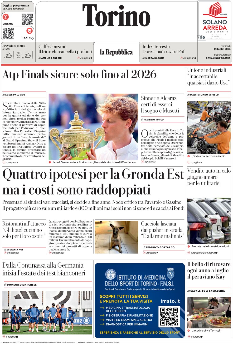 Prima Pagina La Repubblica (Torino) 18/07/2025