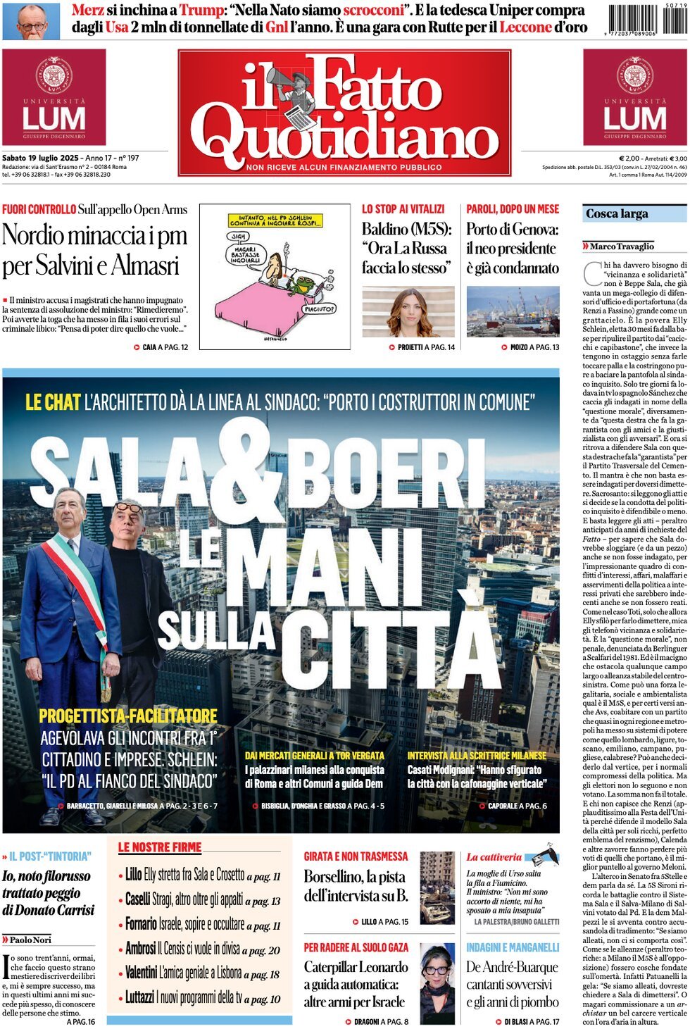 Prima Pagina Il Fatto Quotidiano 19/07/2025
