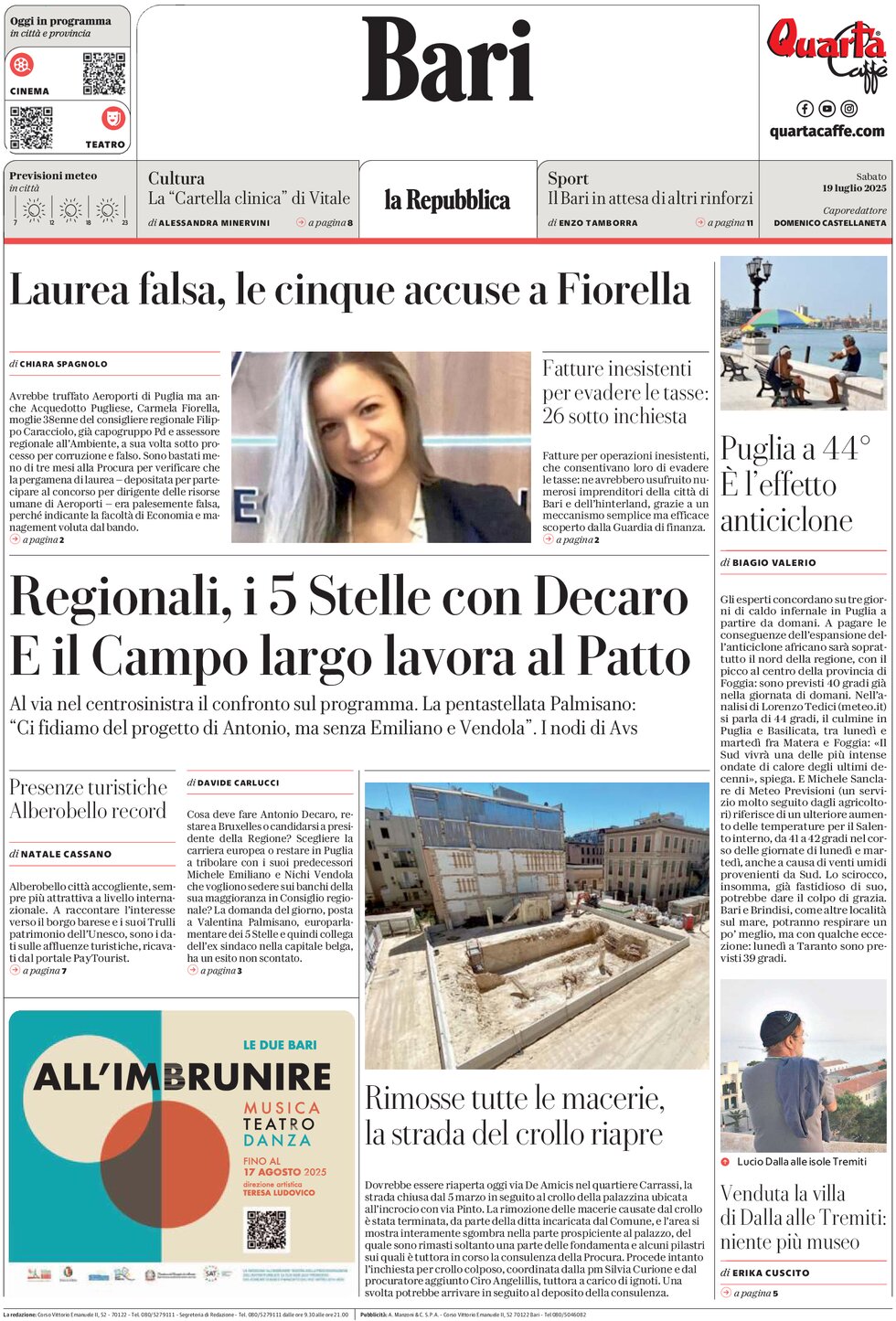 Prima Pagina La Repubblica (Bari) 19/07/2025