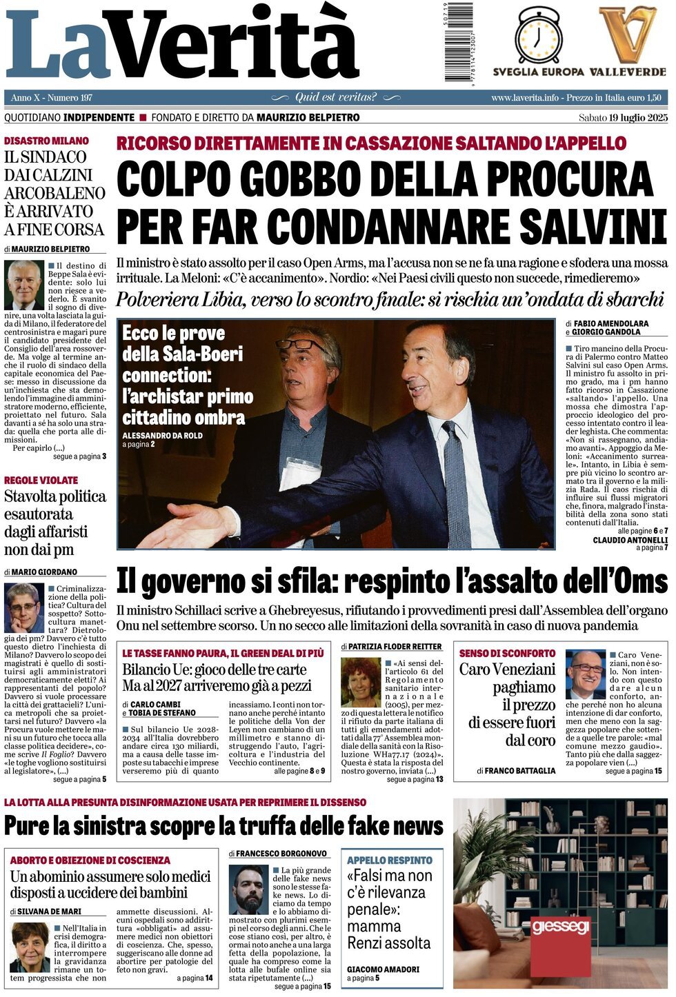 Prima Pagina La Verità 19/07/2025