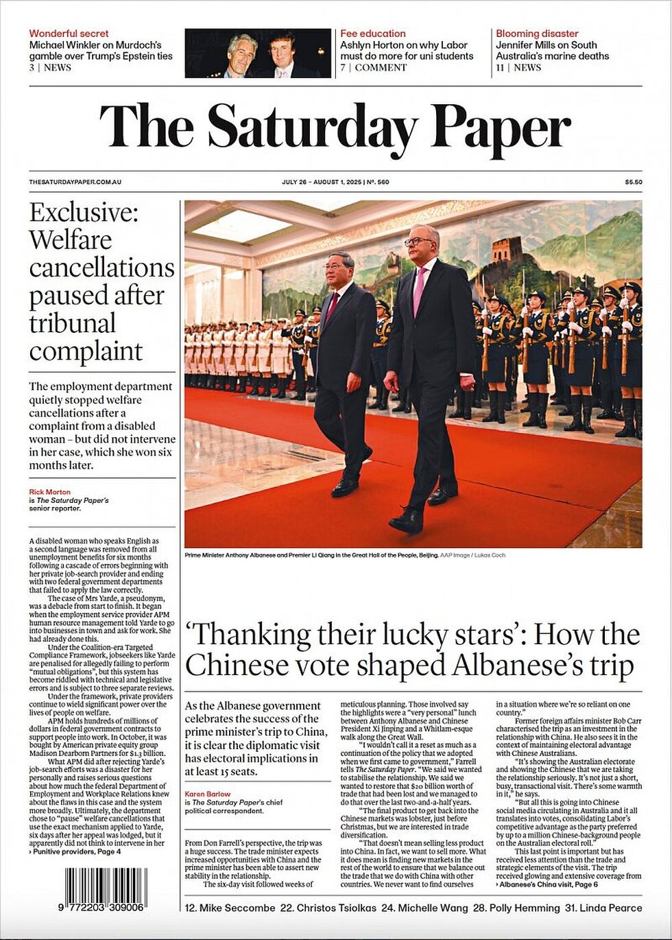 Copertina The Saturday Paper 26/07/2025
