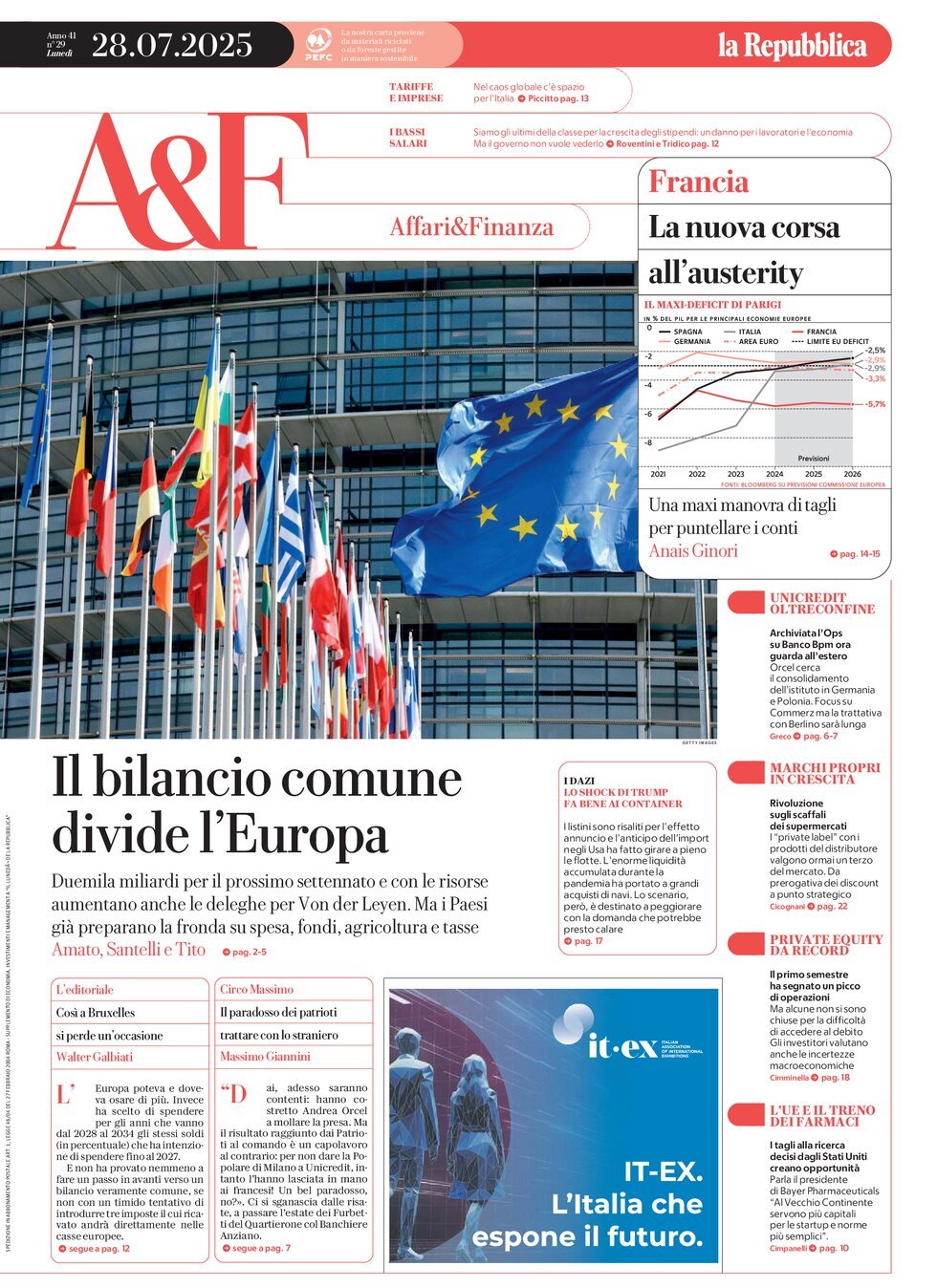 Copertina Affari & Finanza (la Repubblica) 28/07/2025