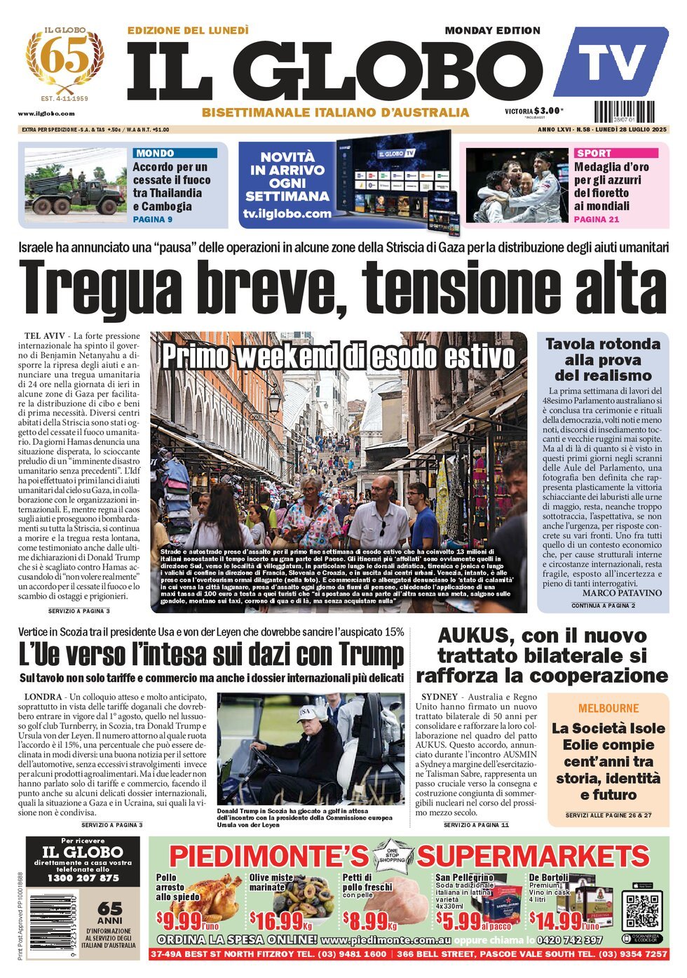 Copertina Il Globo 28/07/2025
