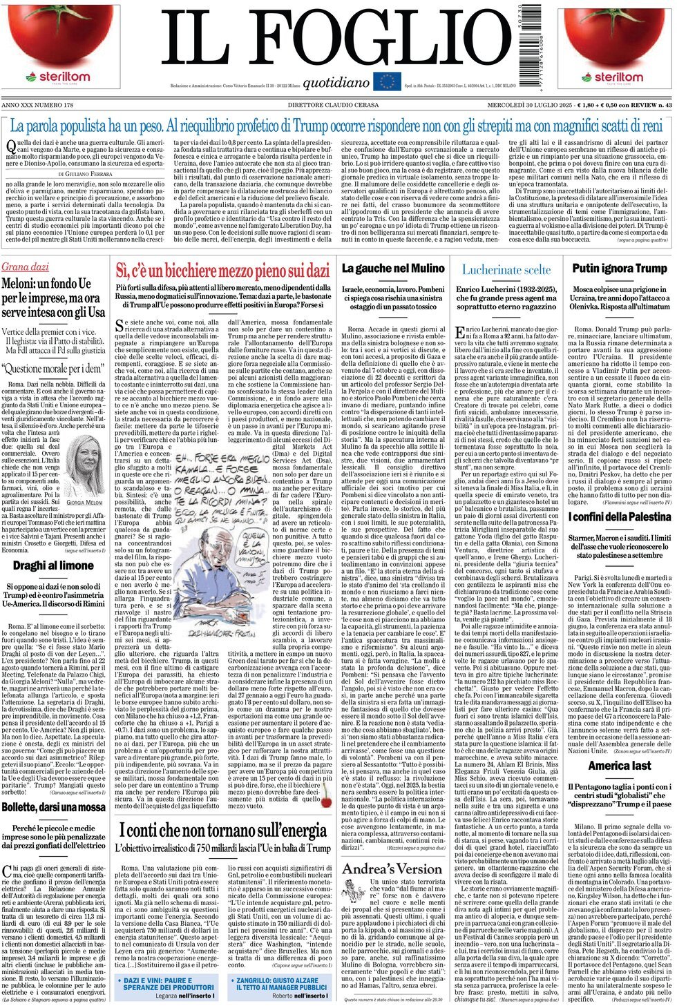 Prima Pagina Il Foglio 30/07/2025