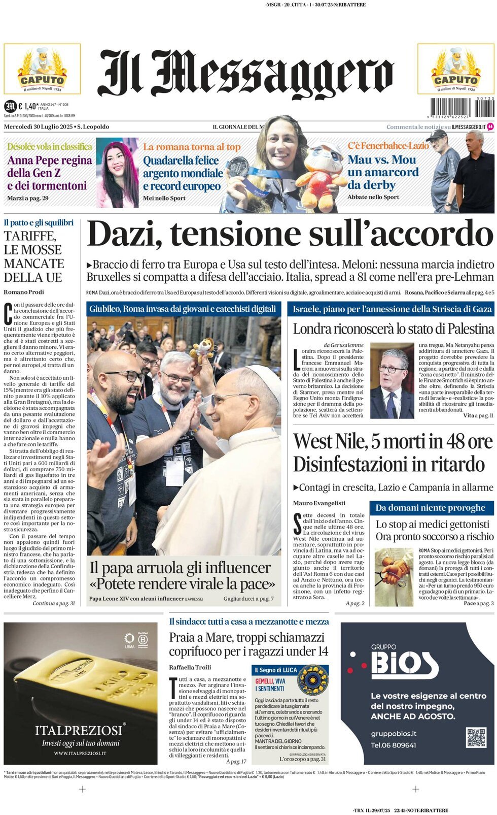 Prima Pagina Il Messaggero 30/07/2025
