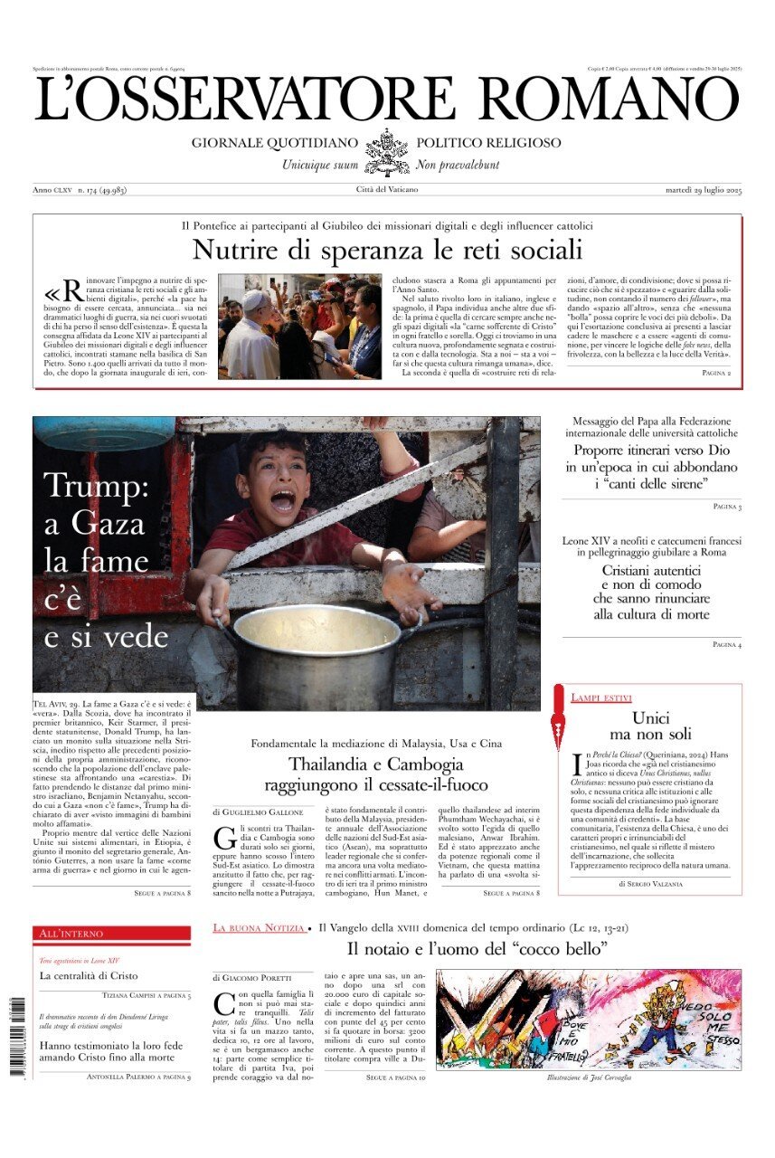 Prima Pagina L'Osservatore Romano 29/07/2025