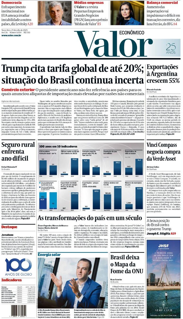 Prima Pagina Valor Econômico 29/07/2025