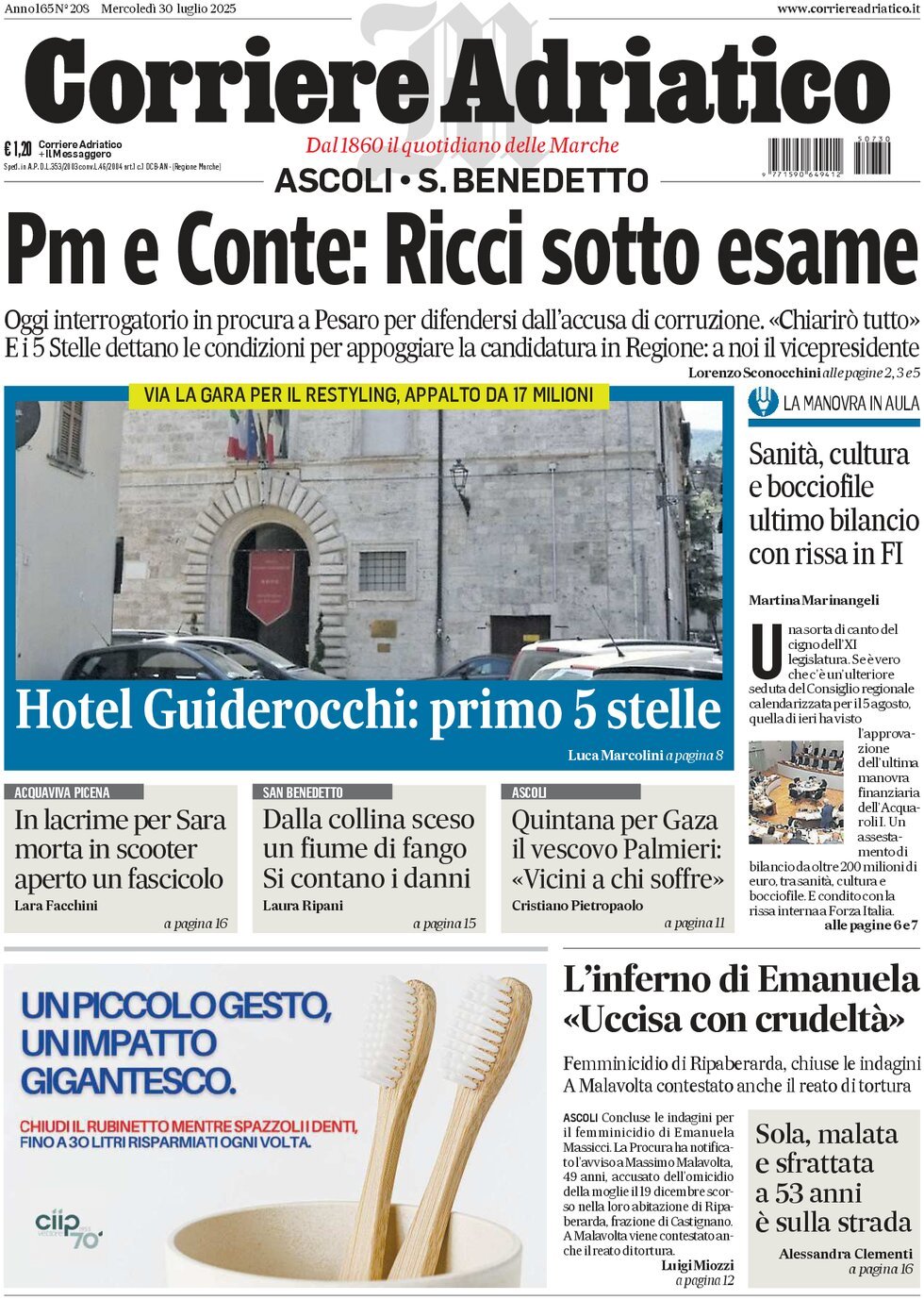 Prima Pagina Corriere Adriatico (Ascoli) 30/07/2025