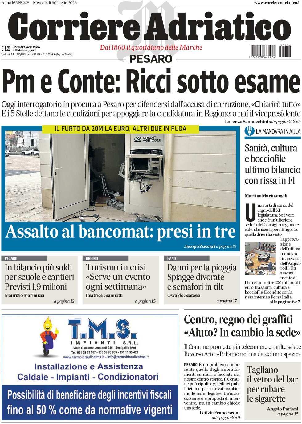 Prima Pagina Corriere Adriatico (Pesaro) 30/07/2025