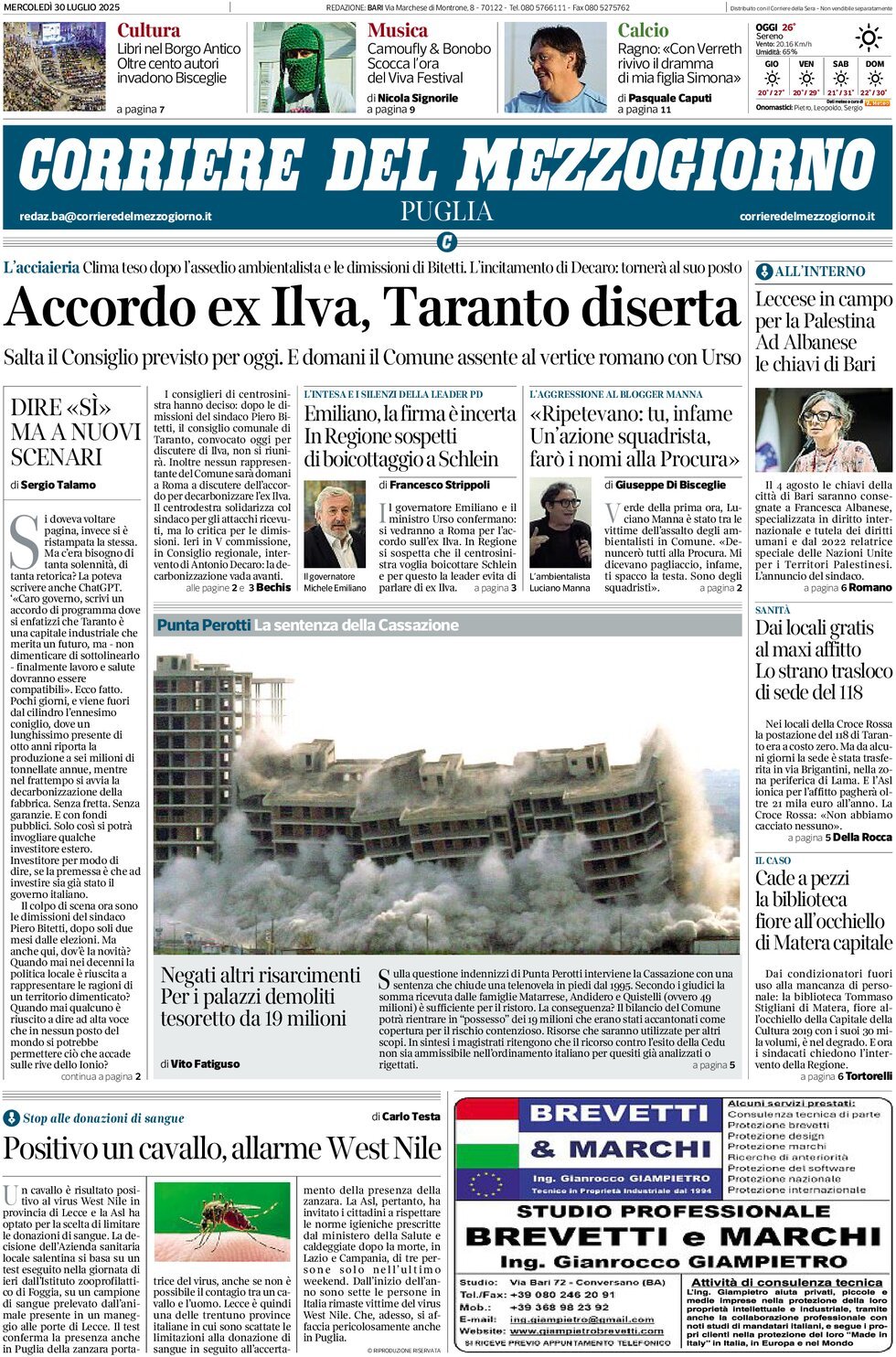Prima Pagina Corriere del Mezzogiorno (Puglia) 30/07/2025