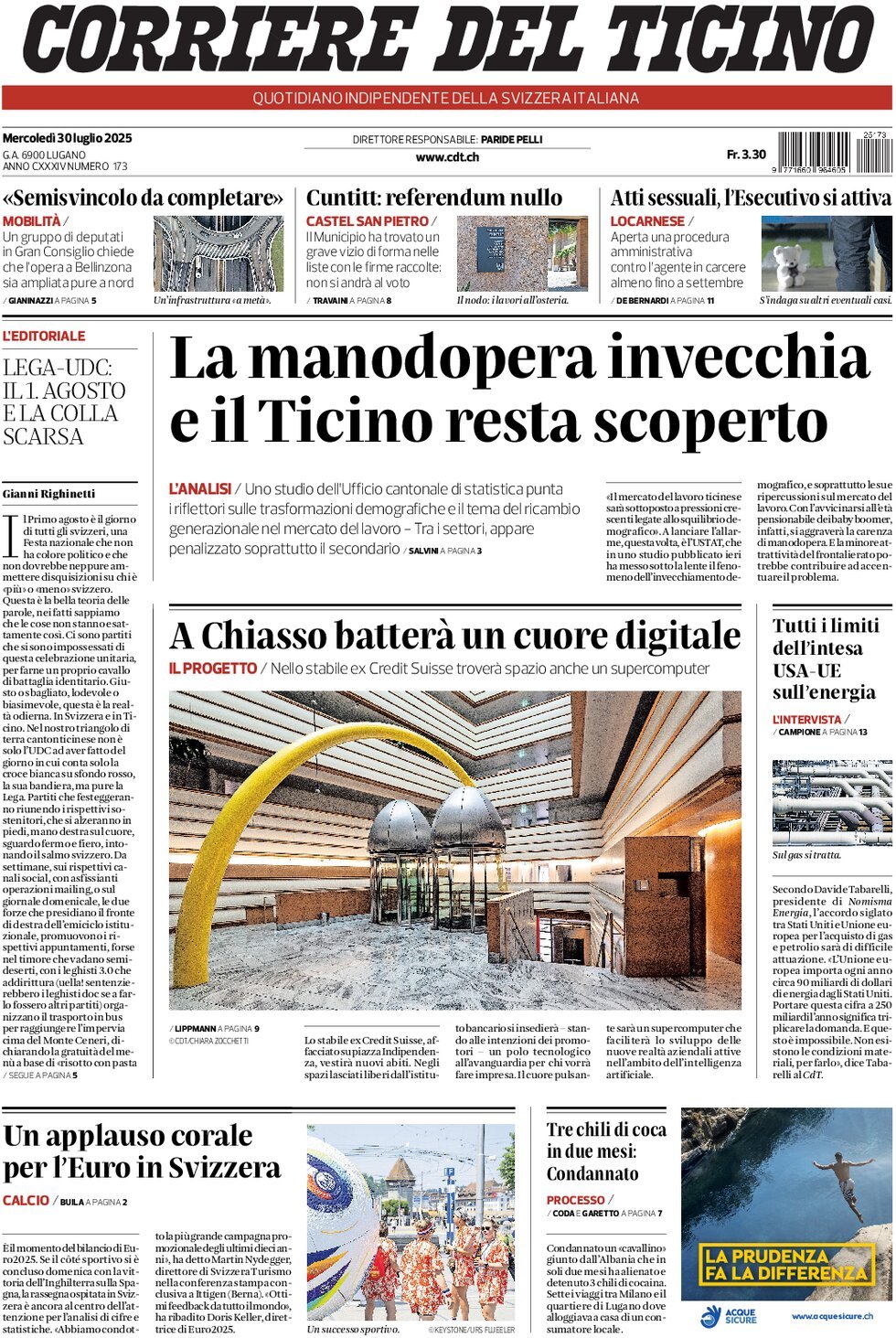Prima Pagina Corriere del Ticino 30/07/2025
