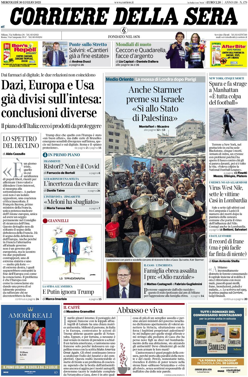 Prima Pagina Corriere della Sera 30/07/2025