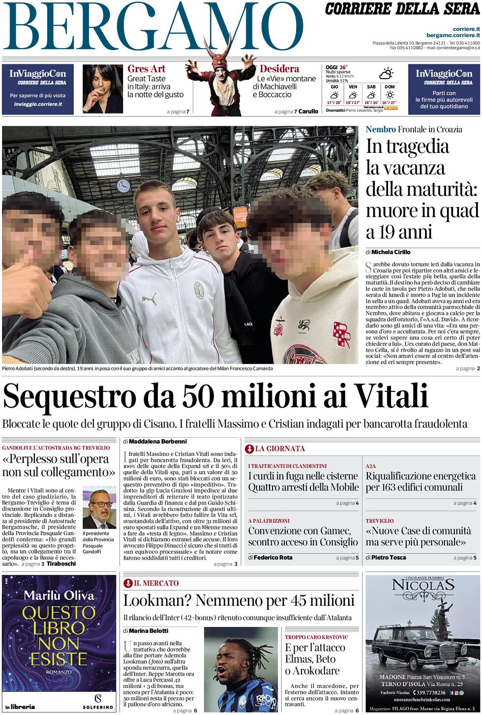Prima Pagina Corriere della Sera (Bergamo) 30/07/2025