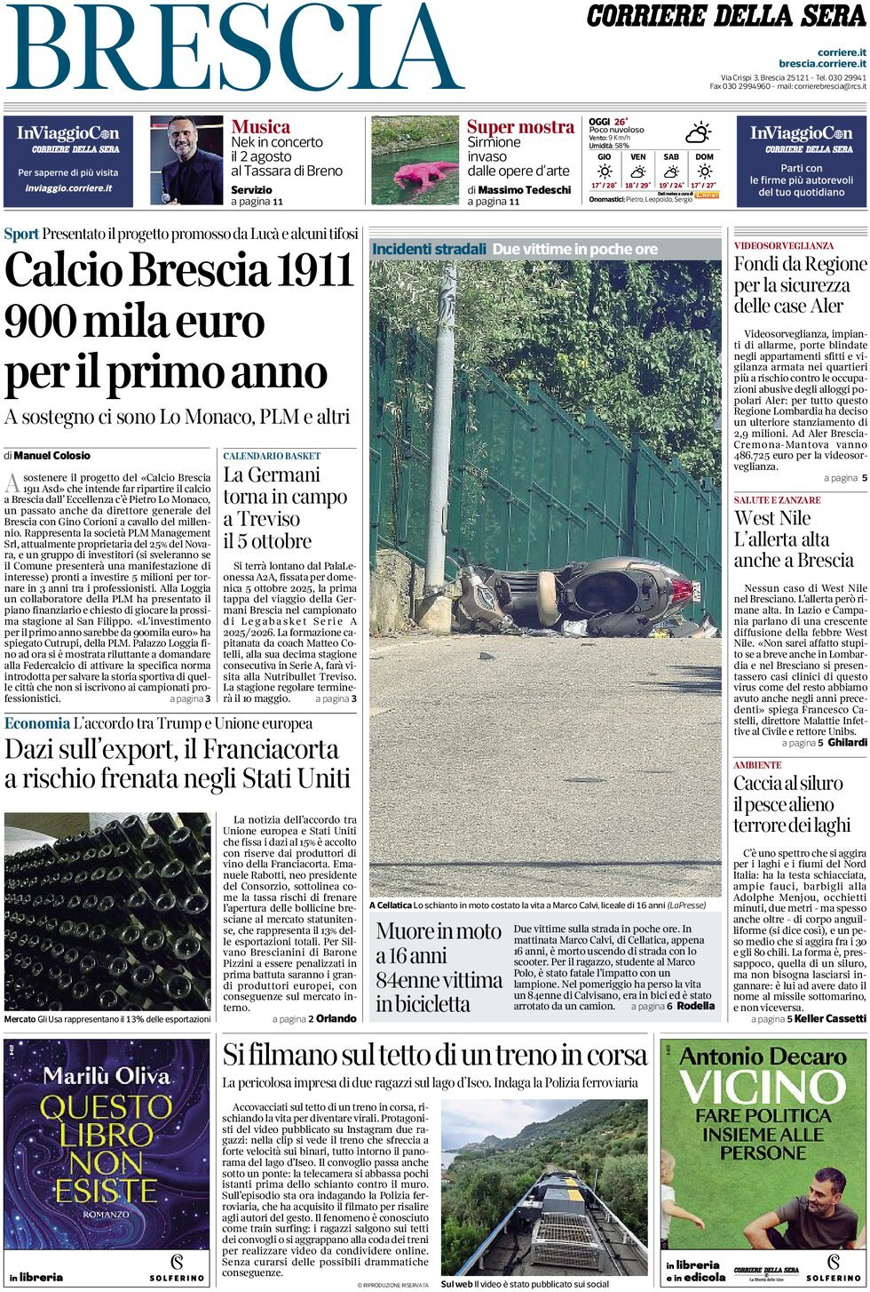 Prima Pagina Corriere della Sera (Brescia) 30/07/2025